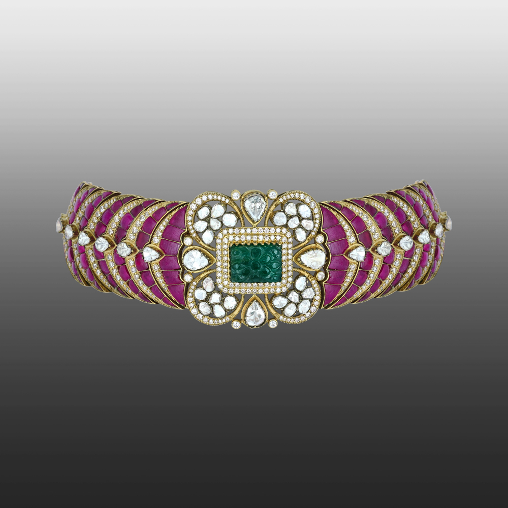Emerald Ruby Antique Choker with Polki Open Setting